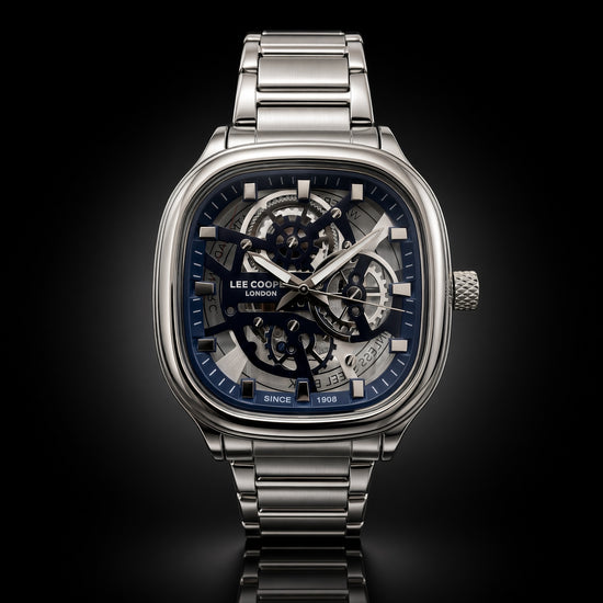 Lee Cooper London Men’s Blue Skeleton Watch – Square Steel Case | Open Dial | Since 1908