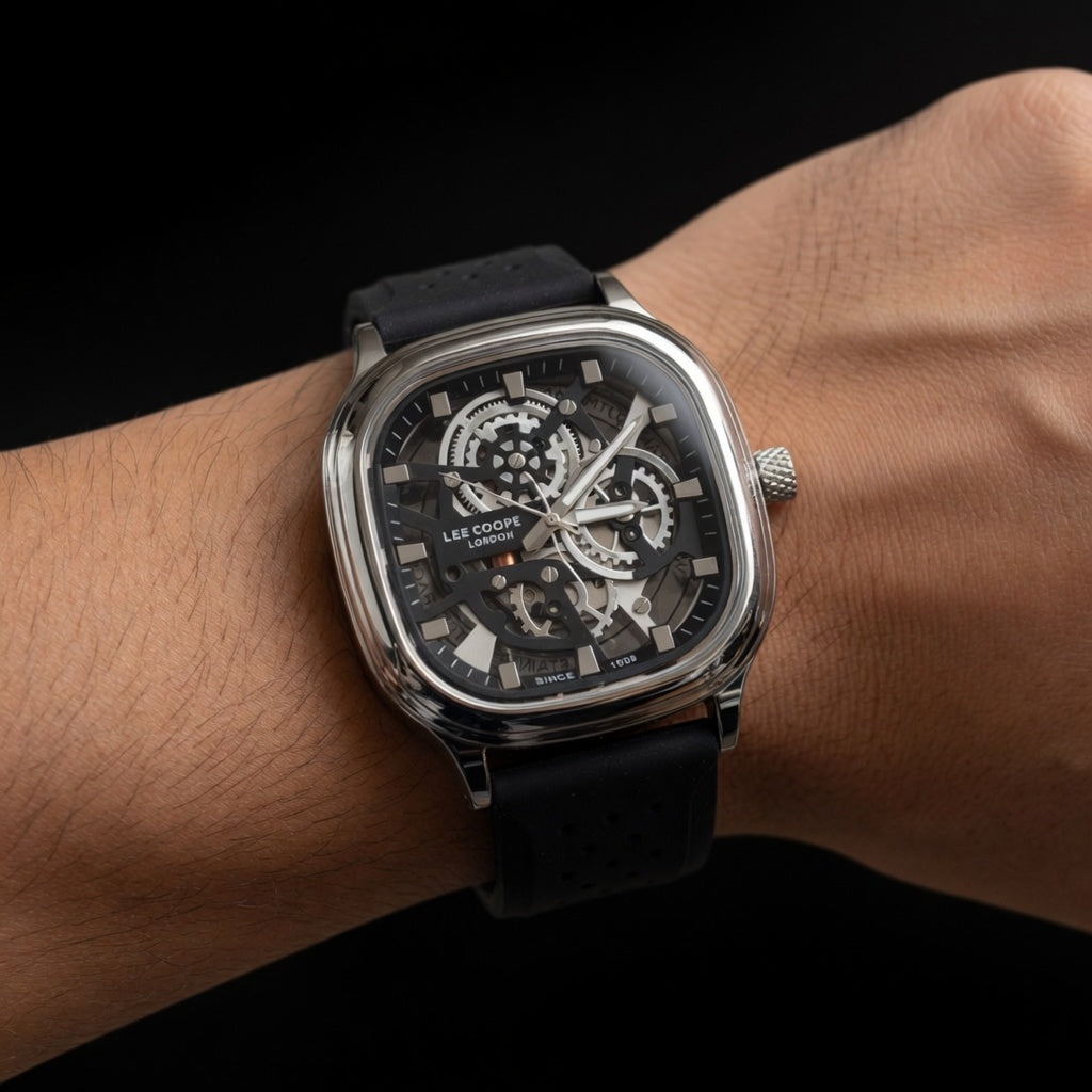 Lee Cooper Men's Black Square Skeleton Watch - Stainless Steel and Silicone Strap | Skeleton Black