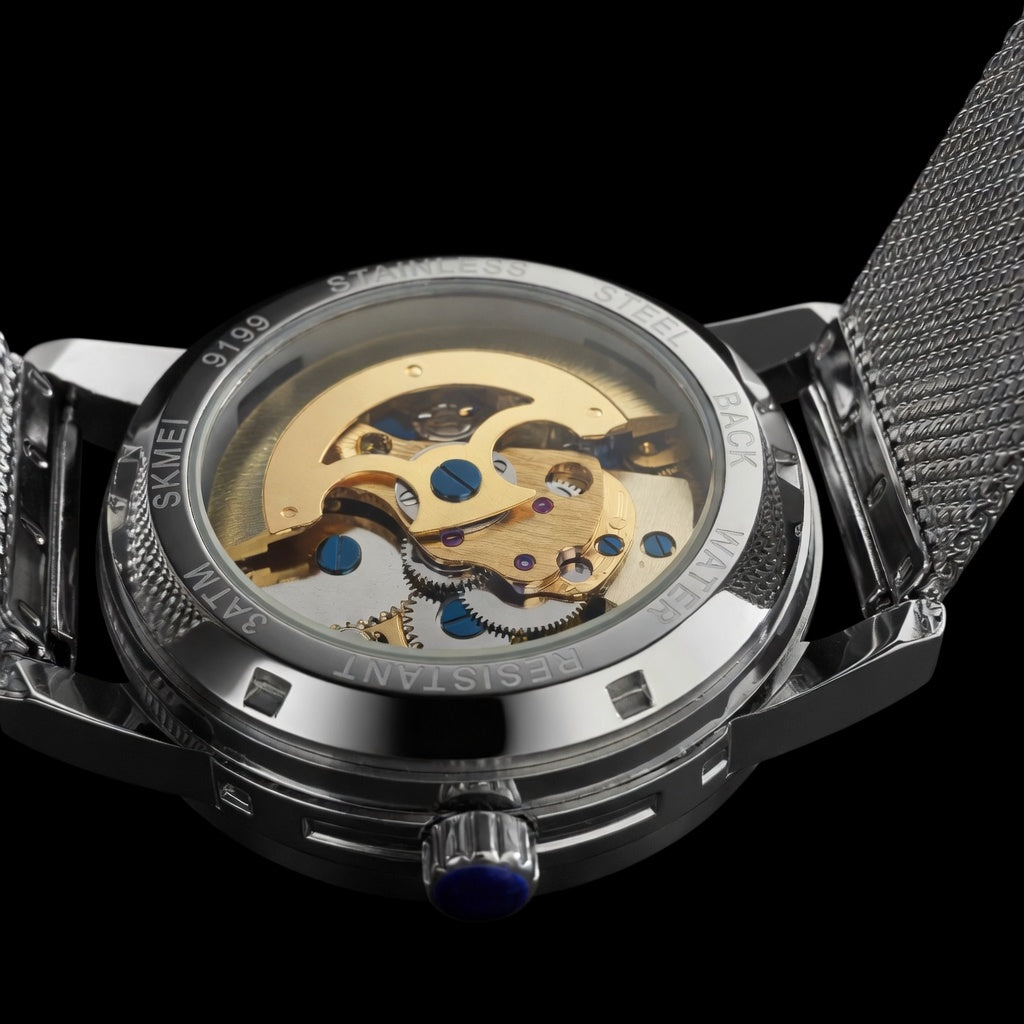 SKMEI Luxury Skeleton Watch for Men | Stainless Steel Mesh Strap Rose Gold Accents