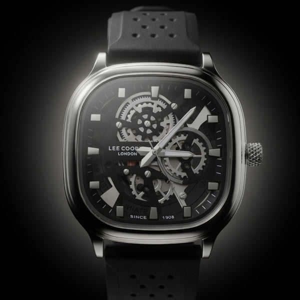 Lee Cooper Men's Black Square Skeleton Watch - Stainless Steel and Silicone Strap | Skeleton Black