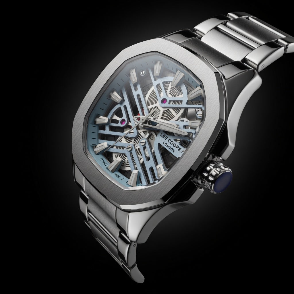 Lee Cooper Octagon Skeleton Watch for Men | Silver Stainless Steel Light Blue Dial Luxury Skeleton