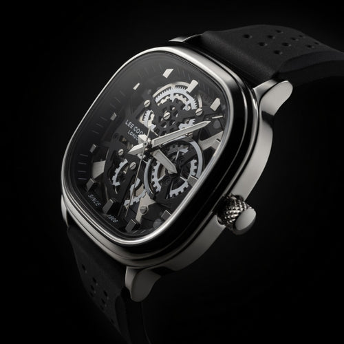 Lee Cooper Men's Black Square Skeleton Watch - Stainless Steel and Silicone Strap | Skeleton Black