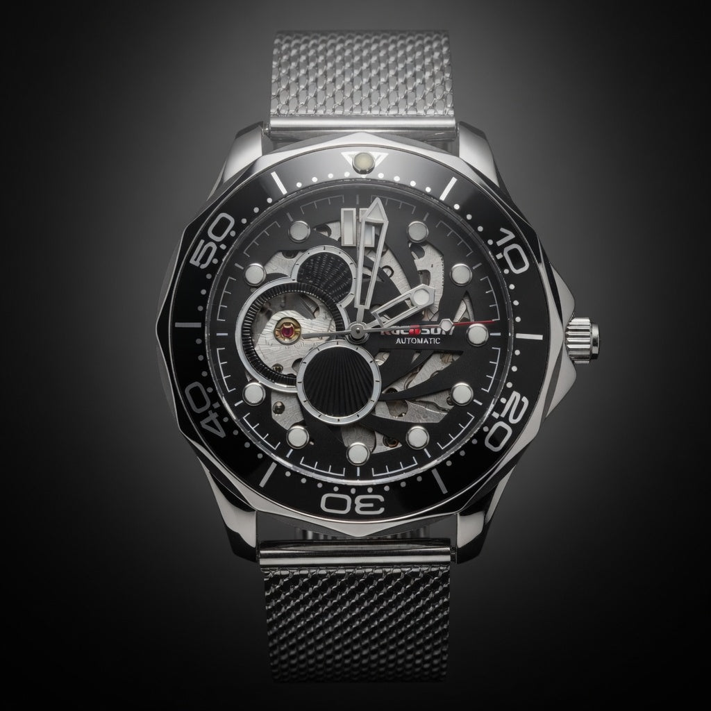 ROCASDIY Automatic Skeleton Dive Watch for Men | Stainless Steel Mesh Strap Mechanical