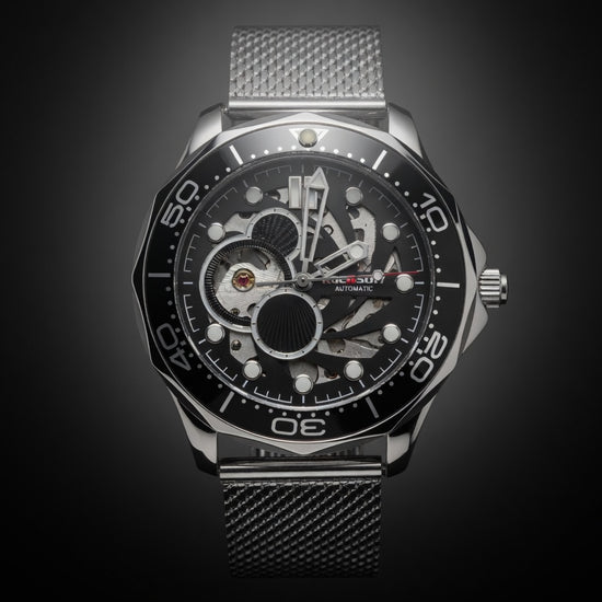 ROCASDIY Automatic Skeleton Dive Watch for Men | Stainless Steel Mesh Strap Mechanical