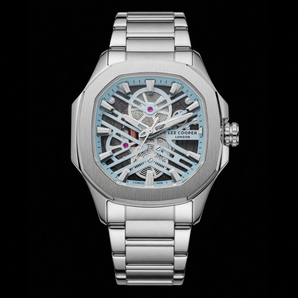 Lee Cooper Octagon Skeleton Watch for Men | Silver Stainless Steel Light Blue Dial Luxury Skeleton