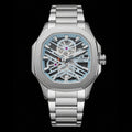 Lee Cooper Octagon Skeleton Watch for Men | Silver Stainless Steel Light Blue Dial Luxury Skeleton