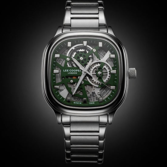 Lee Cooper Green Square Skeleton Watch for Men | Luxury Stainless Steel Bracelet Skeleton