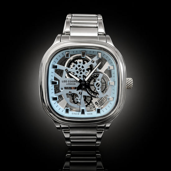 Lee Cooper London Men’s Ice Blue Skeleton Watch – 42×45mm Square Steel Case | Since 1908