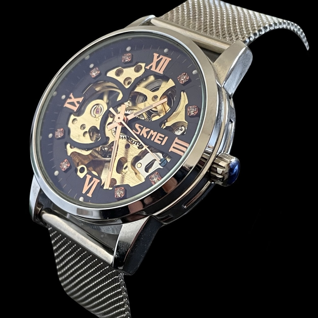 SKMEI Luxury Skeleton Watch for Men | Stainless Steel Mesh Strap Rose Gold Accents