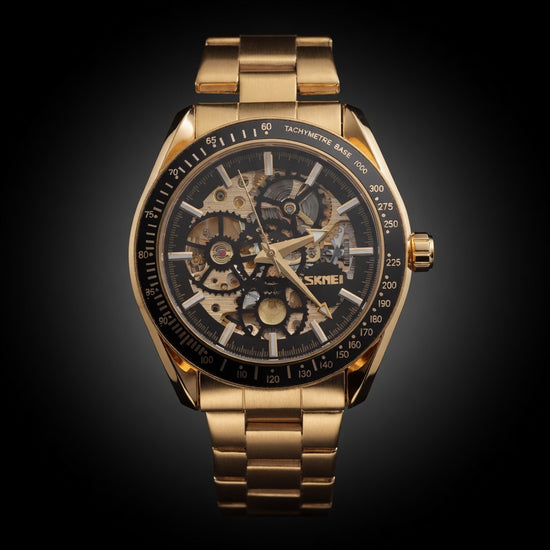 SKMEI Gold Automatic Skeleton Watch for Men | Luxury Gold Stainless Steel Mechanical Bracelet