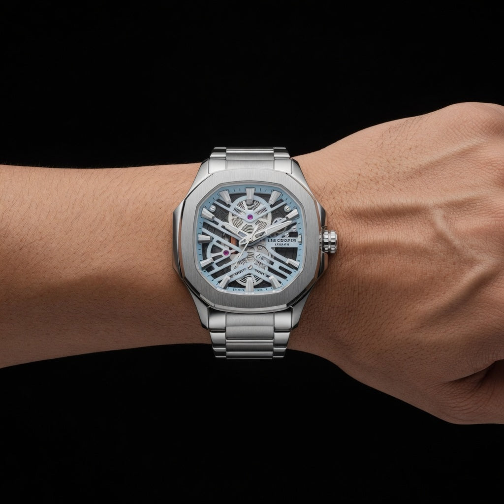 Lee Cooper Octagon Skeleton Watch for Men | Silver Stainless Steel Light Blue Dial Luxury Skeleton