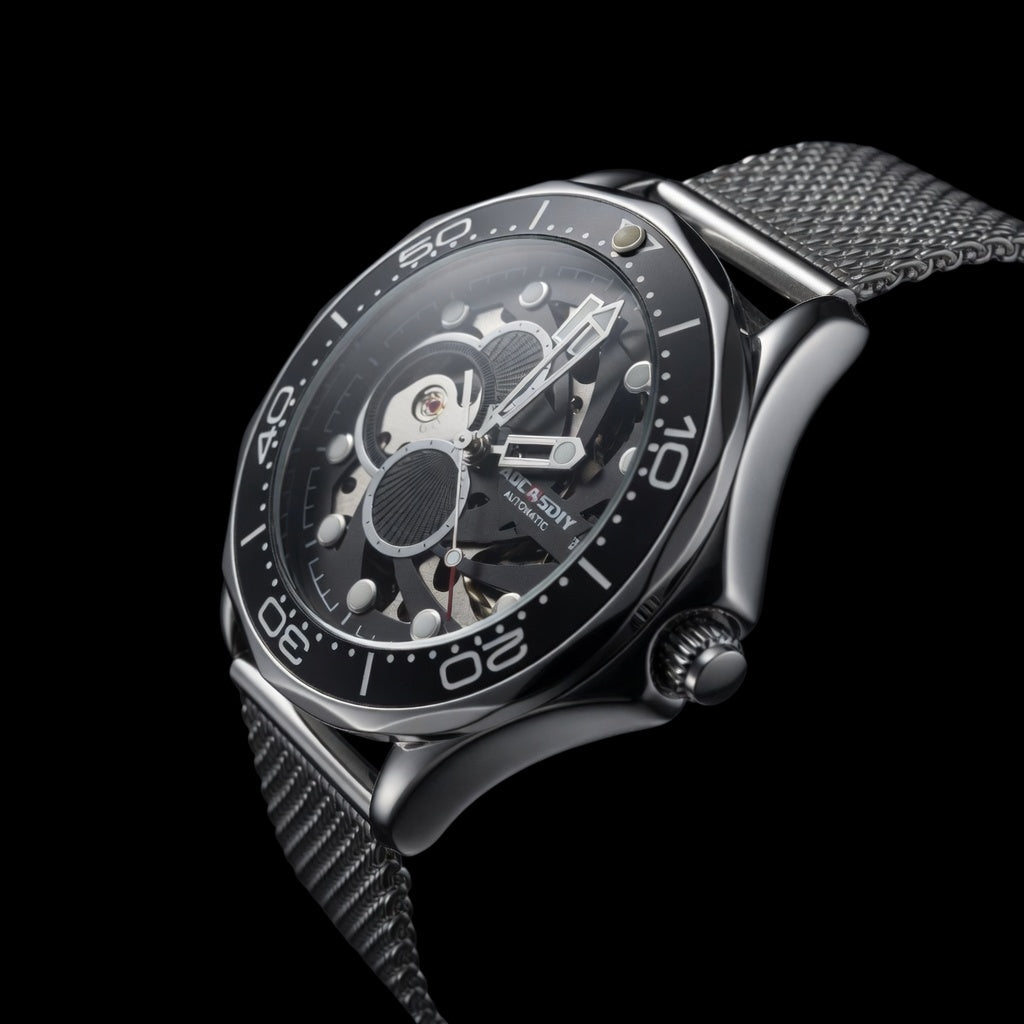 ROCASDIY Automatic Skeleton Dive Watch for Men | Stainless Steel Mesh Strap Mechanical