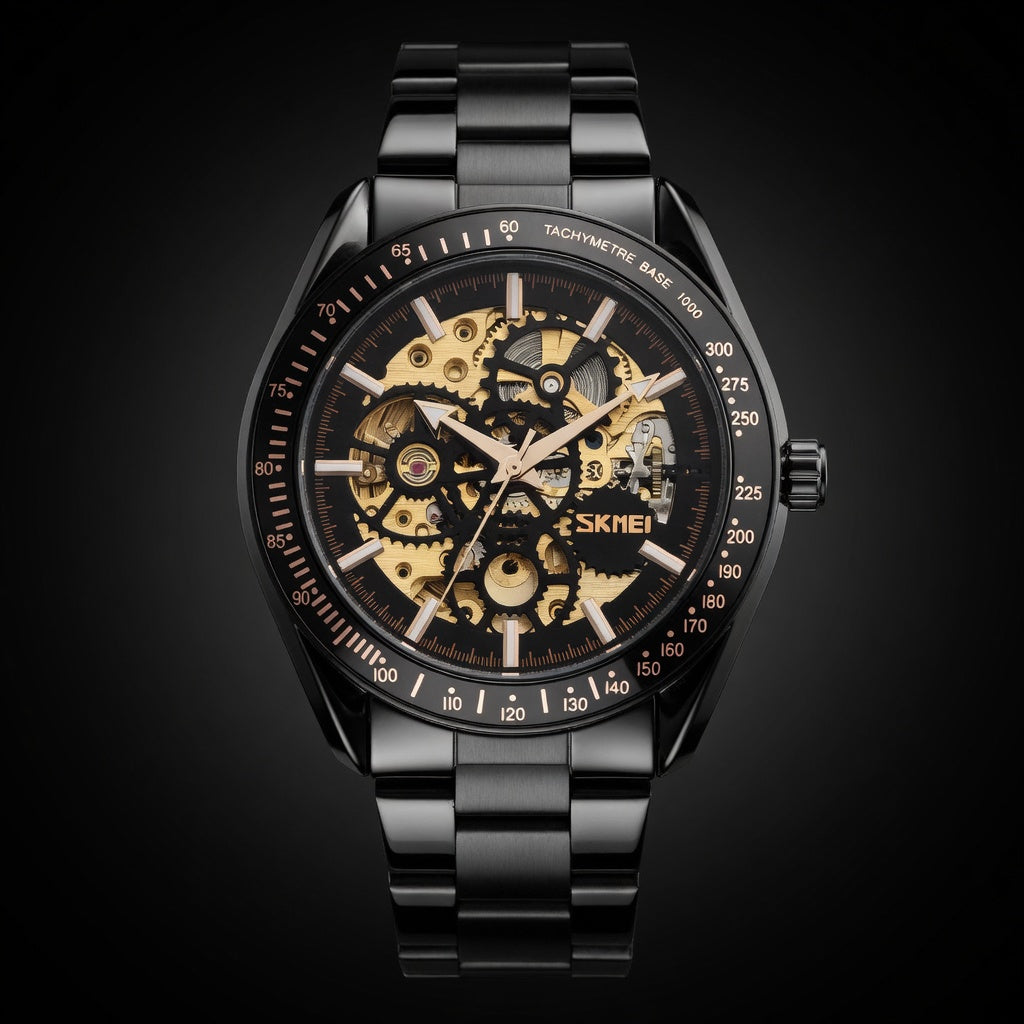 SKMEI Skeleton Black Automatic Watch for Men | Bold Luxury Black Mechanical Golden Gears