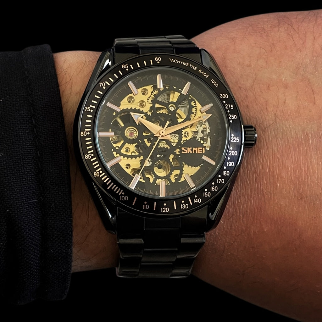 SKMEI Skeleton Black Automatic Watch for Men | Bold Luxury Black Mechanical Golden Gears