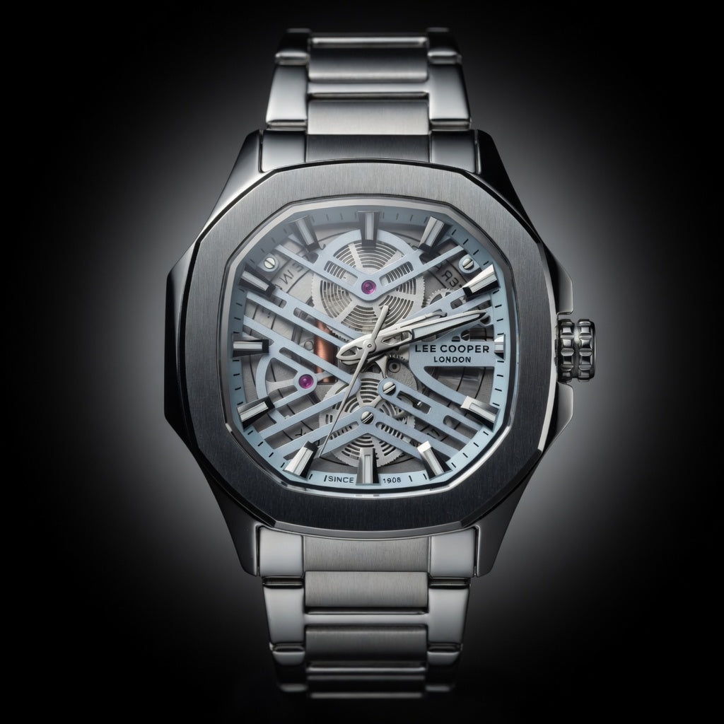 Lee Cooper Silver Octagon Skeleton Men's Watch - Dale Light Blue | Skeleton Blue