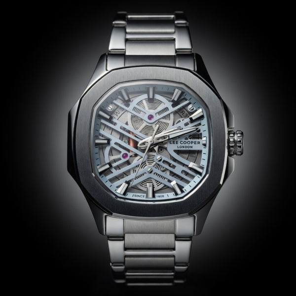 Lee Cooper Silver Octagon Skeleton Men's Watch - Dale Light Blue | Skeleton Blue