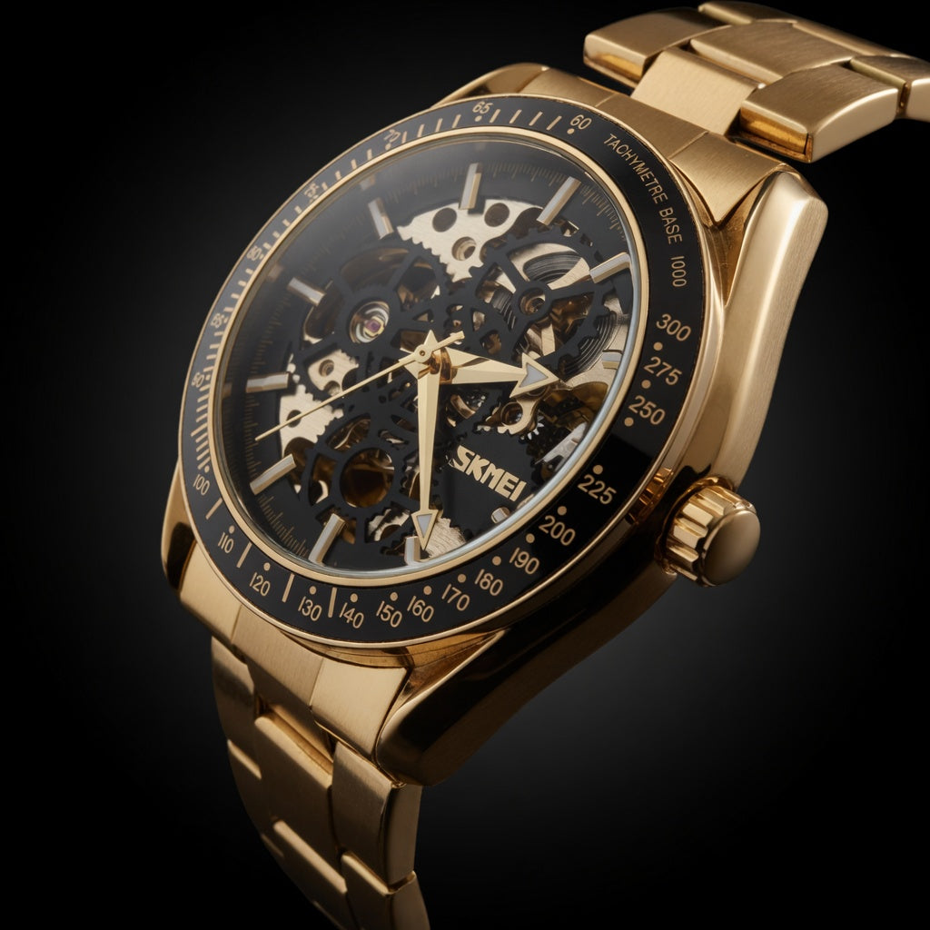 SKMEI Gold Automatic Skeleton Watch for Men | Luxury Gold Stainless Steel Mechanical Bracelet