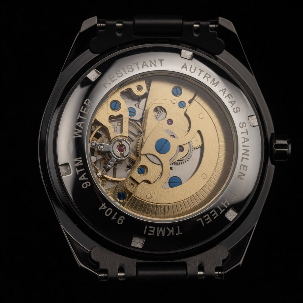 SKMEI Skeleton Black Automatic Watch for Men | Bold Luxury Black Mechanical Golden Gears