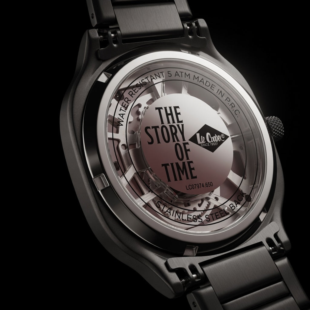 Lee Cooper Black Skeleton Watch for Men | Luxury Black Stainless Steel Square Case Mechanical Skeleton Watch