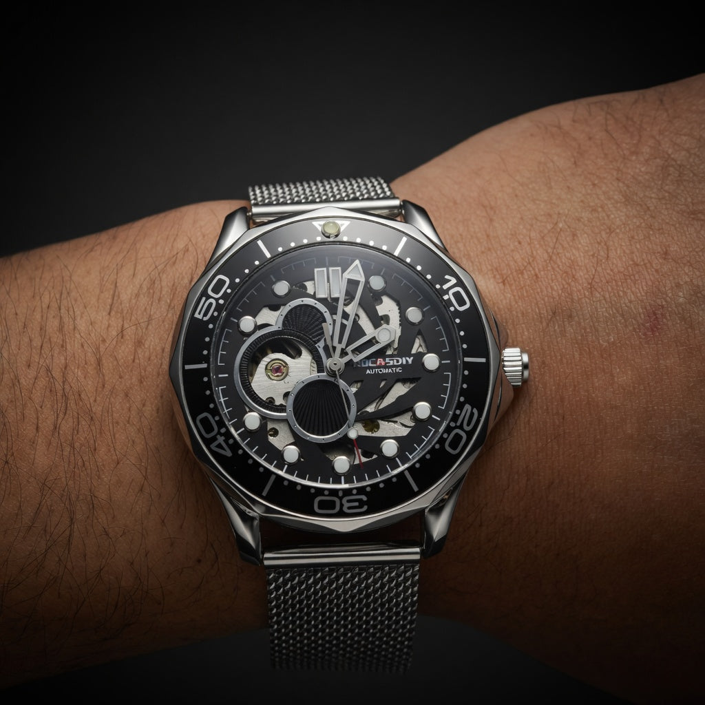 ROCASDIY Automatic Skeleton Dive Watch for Men | Stainless Steel Mesh Strap Mechanical