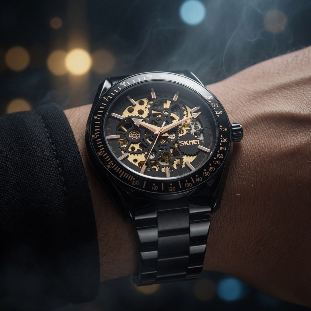 Golden gears moving before your eyes...
SKMEI Skeleton Black – Bold black mechanical power!