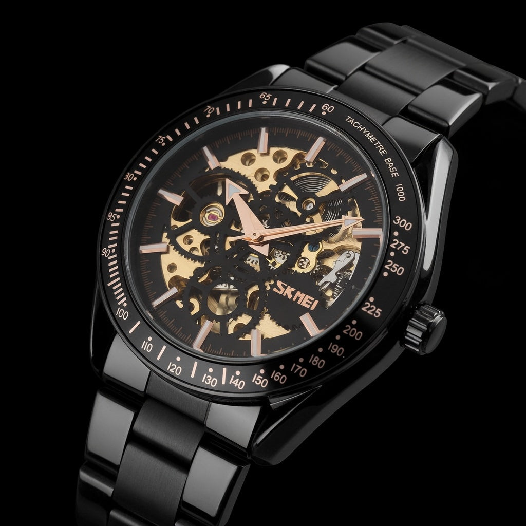 SKMEI Skeleton Black Automatic Watch for Men | Bold Luxury Black Mechanical Golden Gears