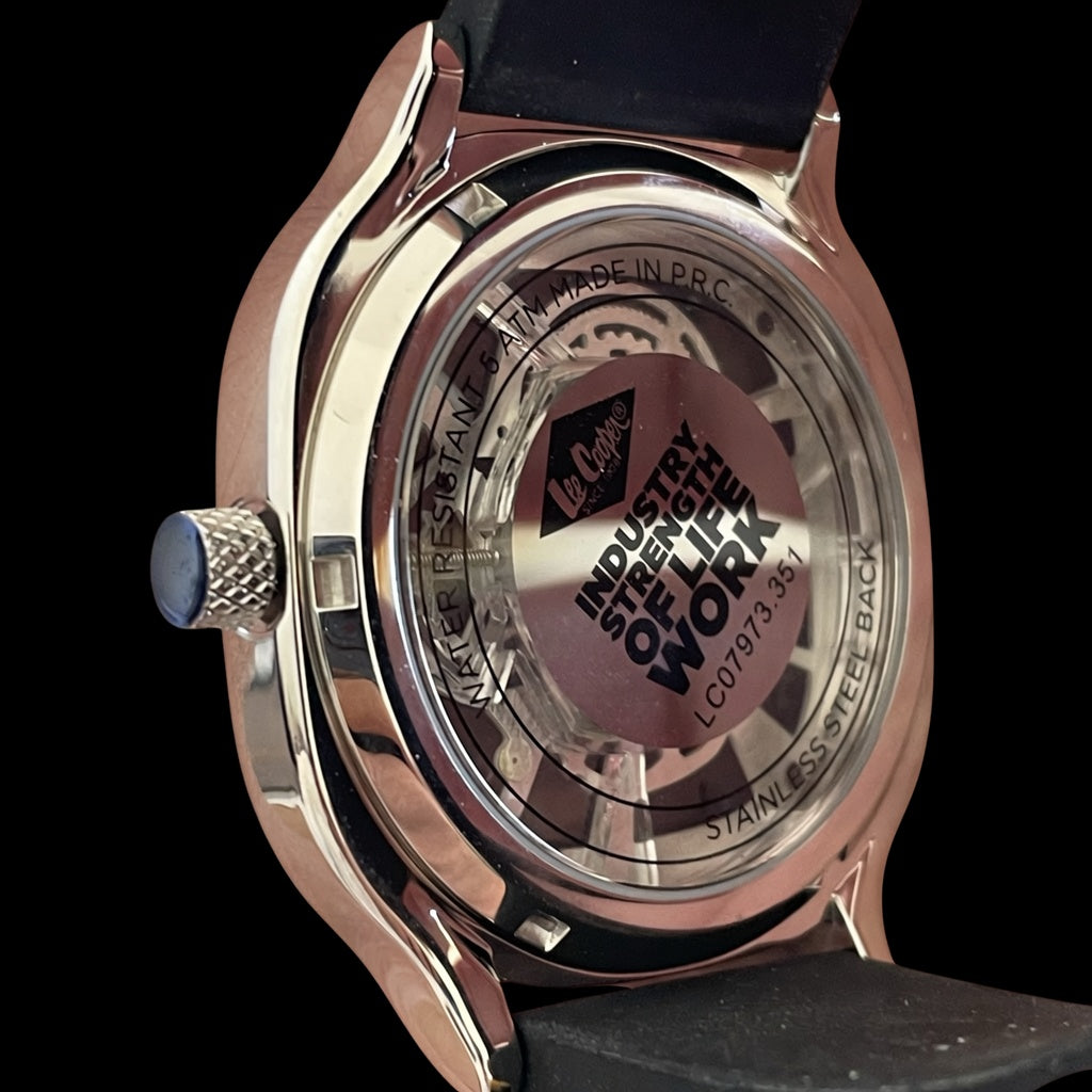 Lee Cooper Men's Black Square Skeleton Watch - Stainless Steel and Silicone Strap | Skeleton Black