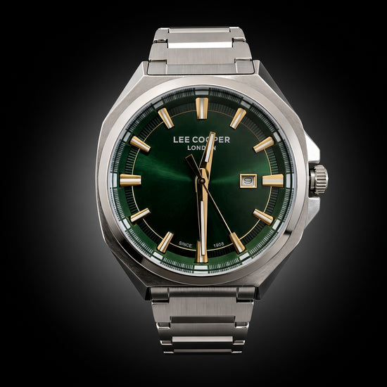 Lee Cooper London Men’s Green Sunburst Dial Watch – 44mm Steel Bracelet | Gold Accents | Since 1908