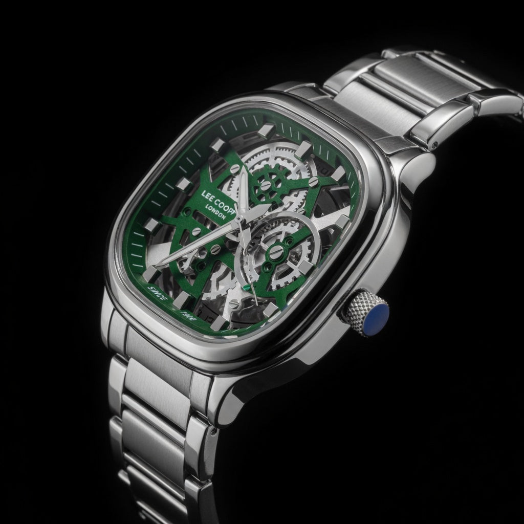 Lee Cooper Green Square Skeleton Watch for Men | Luxury Stainless Steel Bracelet Skeleton