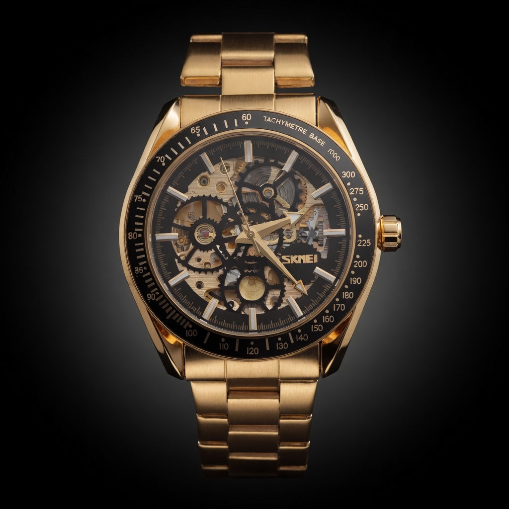 SKMEI Gold Automatic Skeleton Men's Watch - Luxury Metal Band | Skeleton Automatic