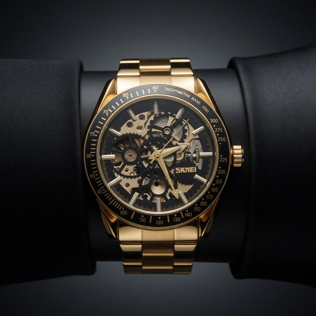 SKMEI Gold Automatic Skeleton Men's Watch - Luxury Metal Band | Skeleton Automatic