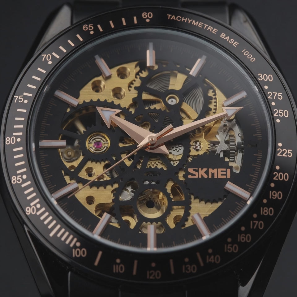 Golden gears moving before your eyes...
SKMEI Skeleton Black – Bold black mechanical power!
